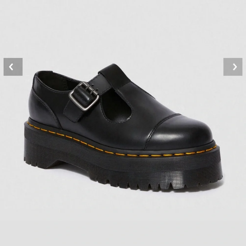 Dr. Martens Black Leather Platform Mary Jane / T strap with Yellow Stitching